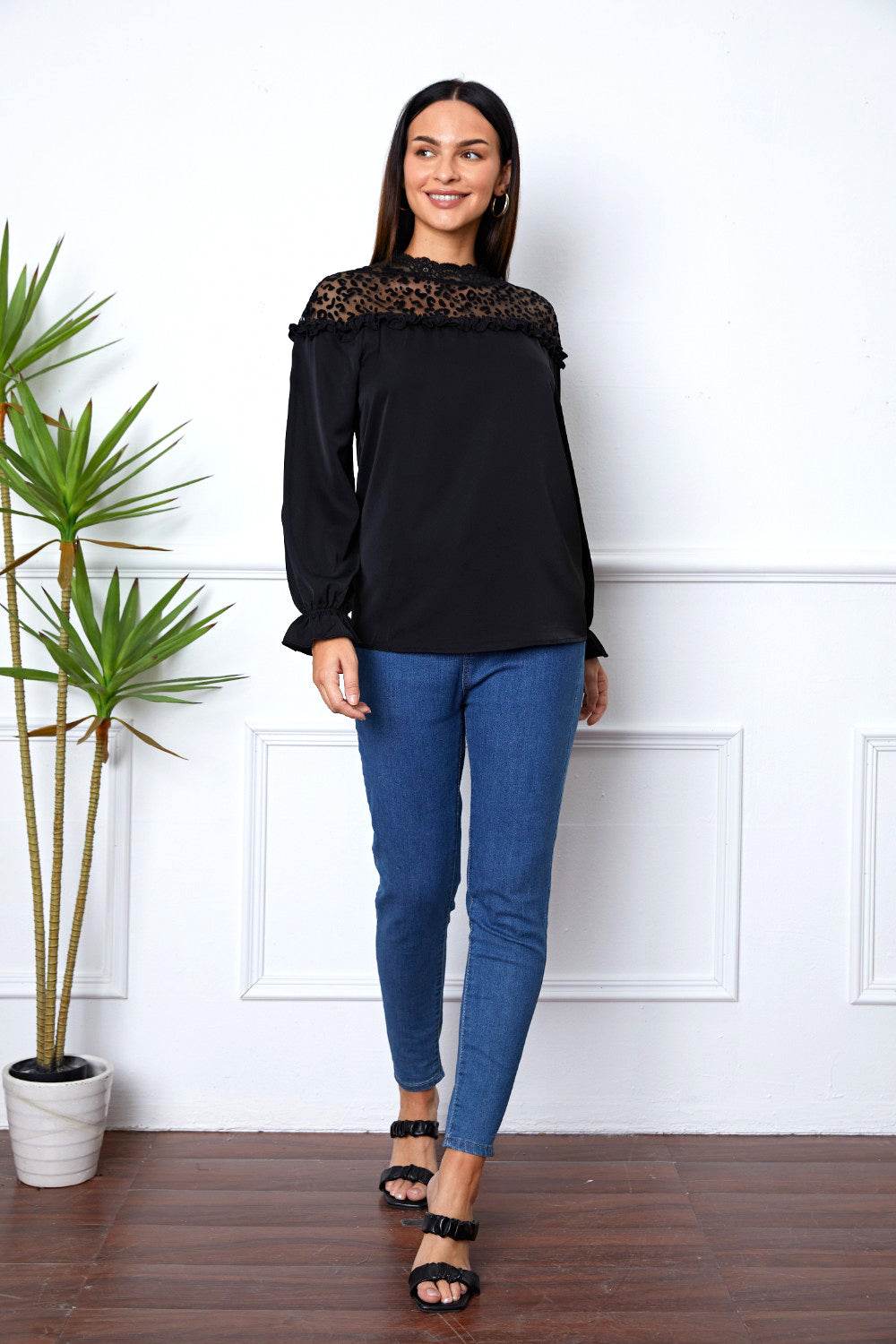 Leopard Frill Flounce Sleeve Blouse - Amexza