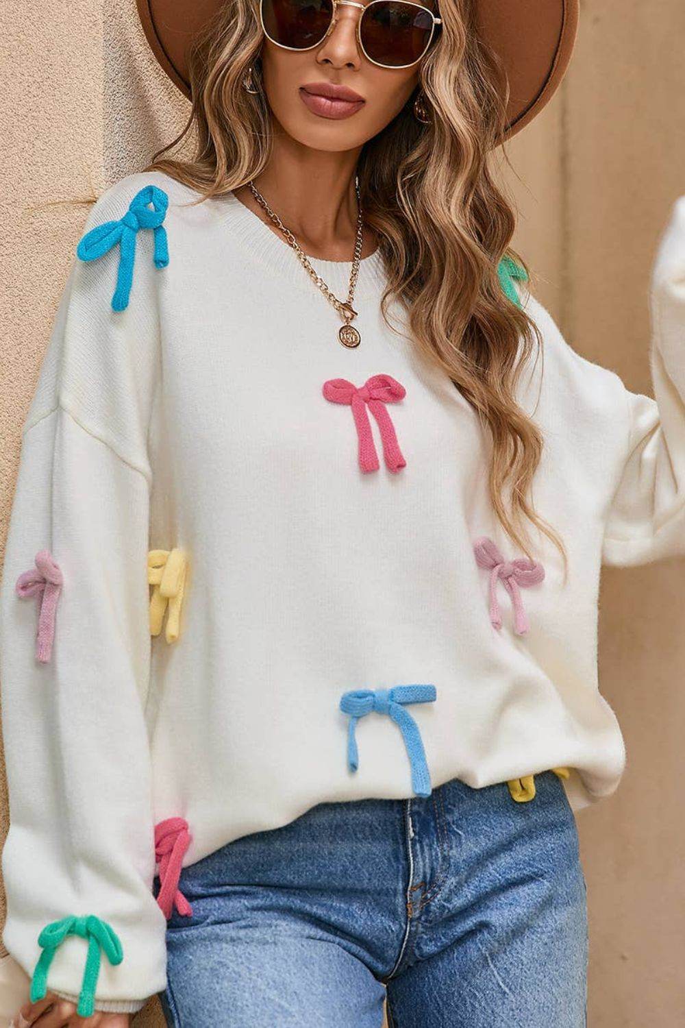 Contrast Bow Round Neck Dropped Shoulder Sweater for a perfect OOTD – dress to impress outfits from Amexza