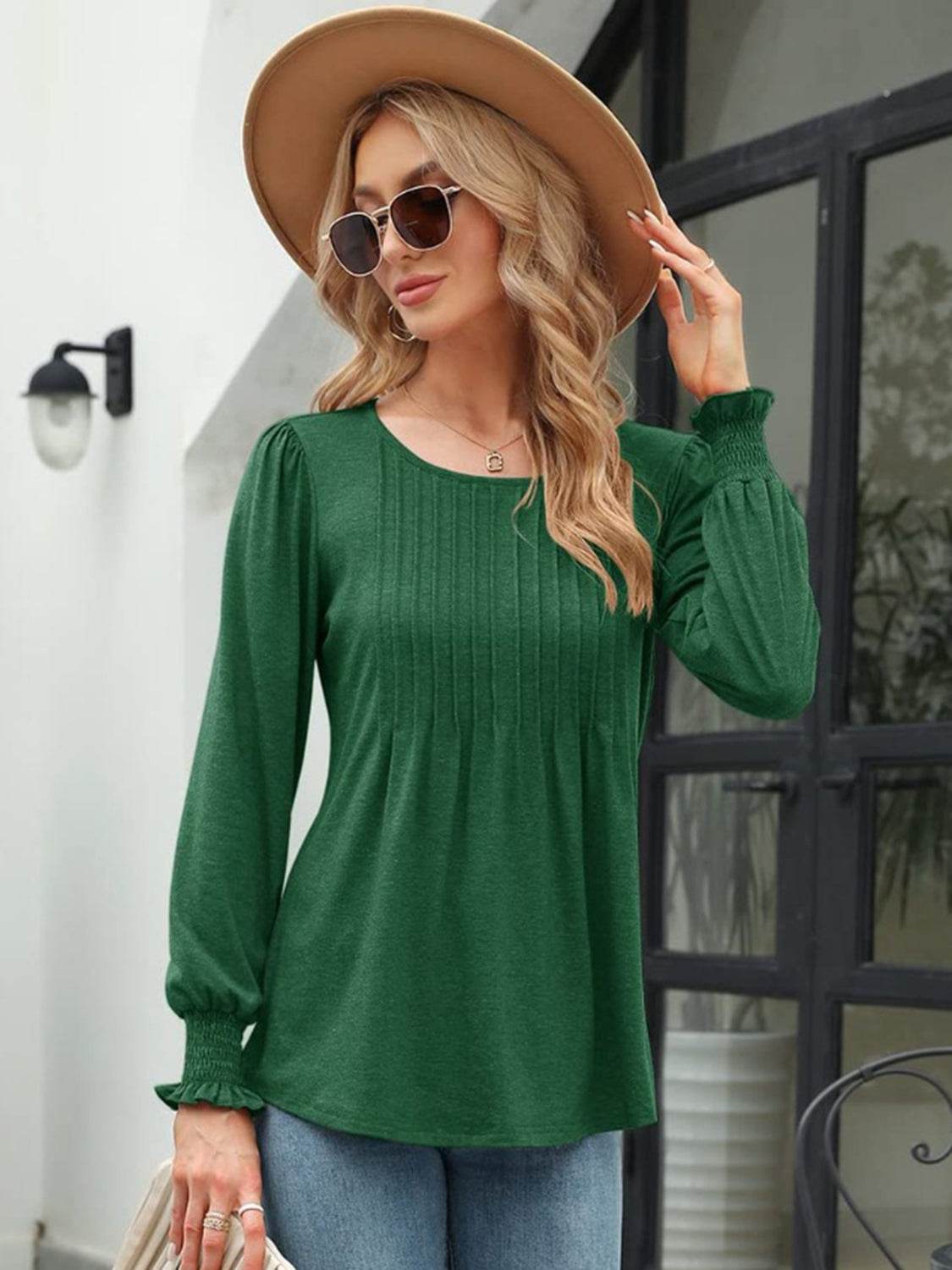 Smocked Round Neck Lantern Sleeve Blouse - Amexza