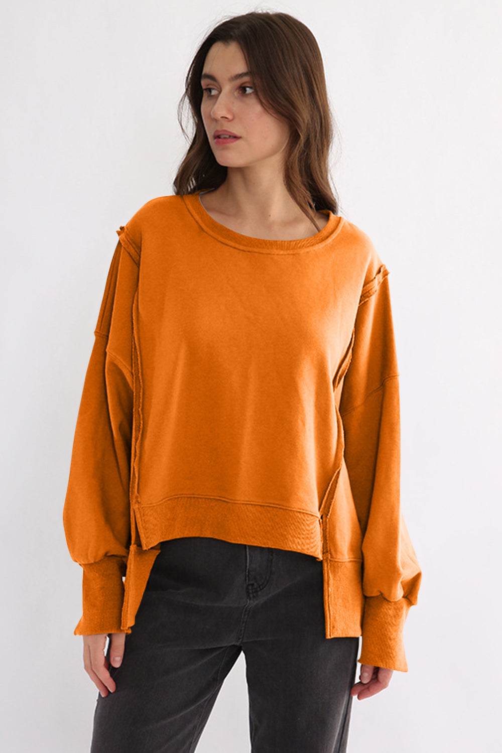 Exposed Seam High-Low Long Sleeve Sweatshirt for a perfect OOTD – dress to impress outfits from Amexza