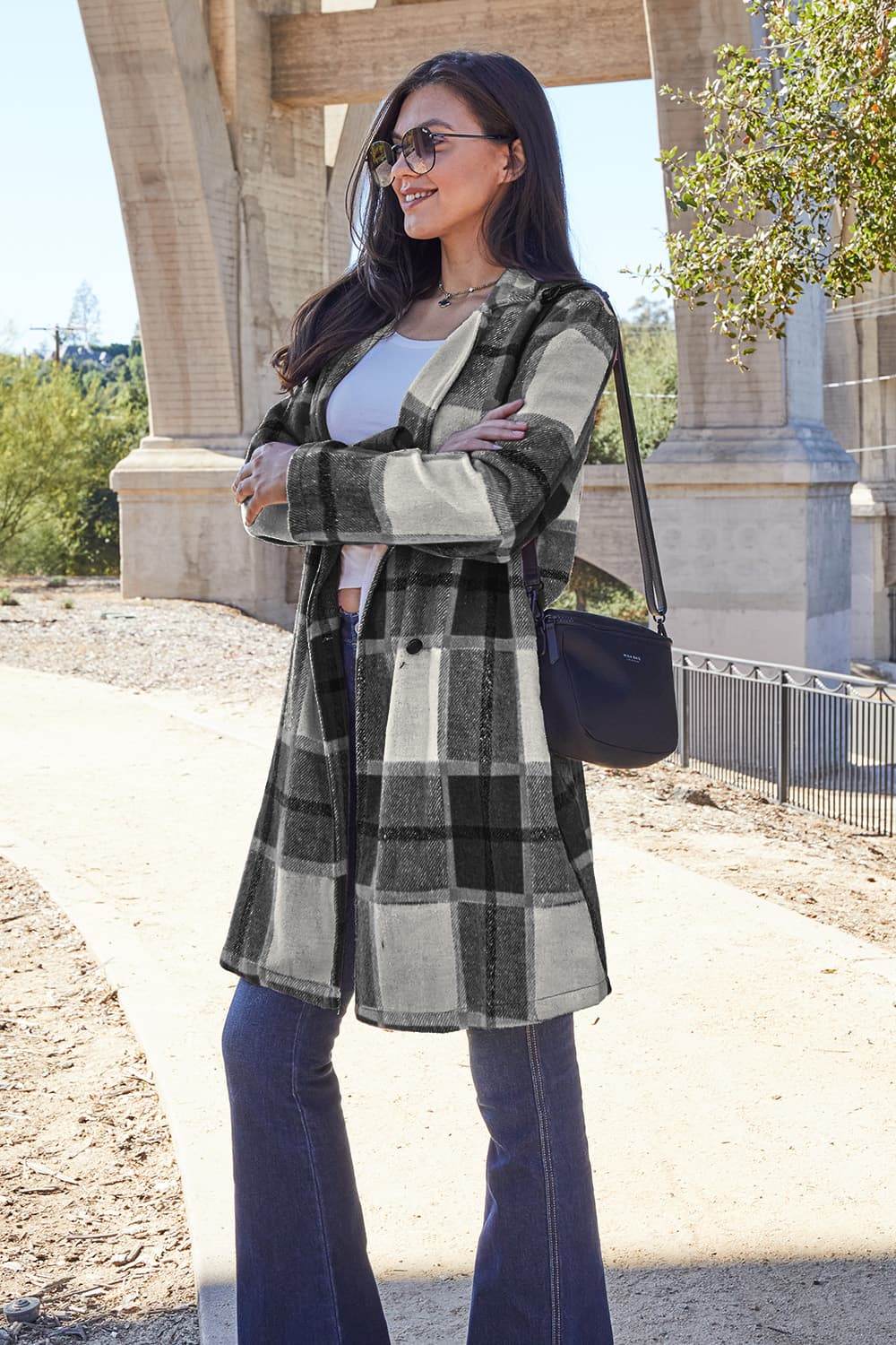 Double Take Full Size Plaid Button Up Lapel Collar Coat - Amexza