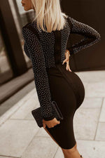 Rhinestone Mock Neck Long Sleeve Dress - Amexza