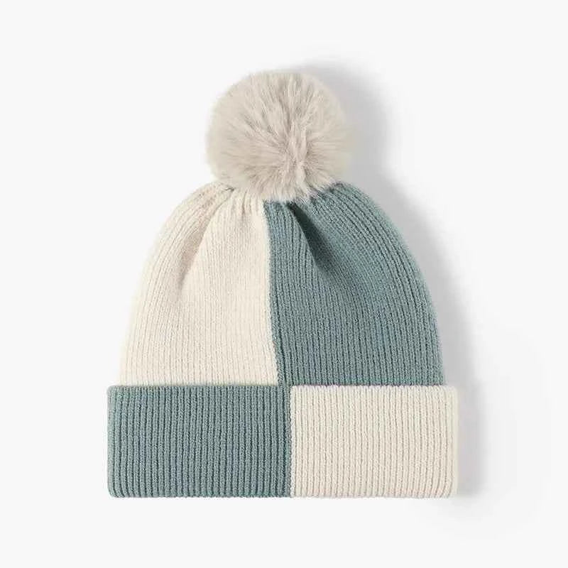 Color Block Knit Hat with Pom-pom Teal One Size for a perfect OOTD – dress to impress outfits from Amexza