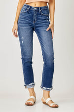 Risen Full Size High-Rise Frayed Cuffed Straight Jeans - Amexza