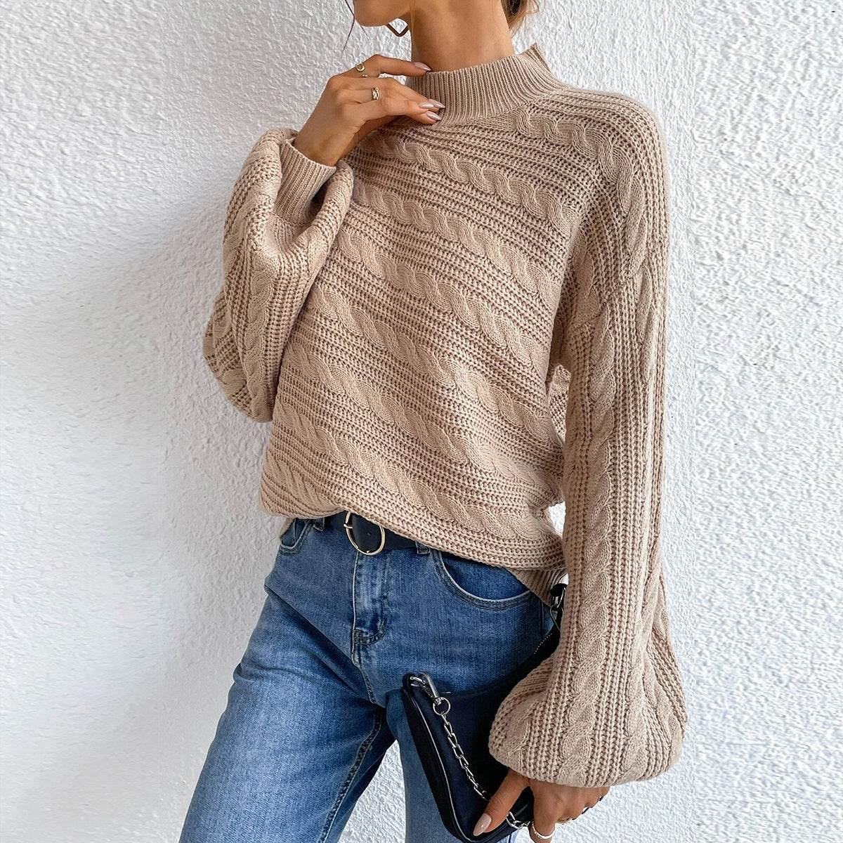 Cable-Knit Mock Neck Long Sleeve Sweater for a perfect OOTD – dress to impress outfits from Amexza