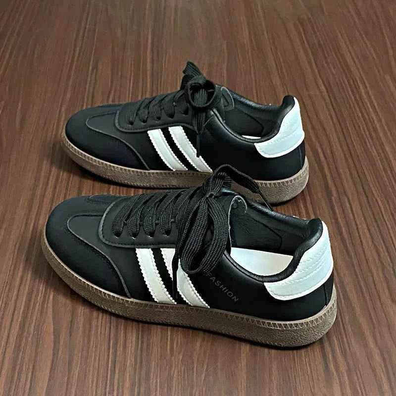 Side Striped Lace Up Round Toe Sneakers Black for a perfect OOTD – dress to impress outfits from Amexza