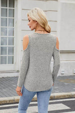 Ribbed Cold Shoulder Long Sleeve Top - Amexza