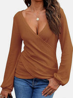 Waffle Knit Surplice Long Sleeve T-Shirt - Amexza