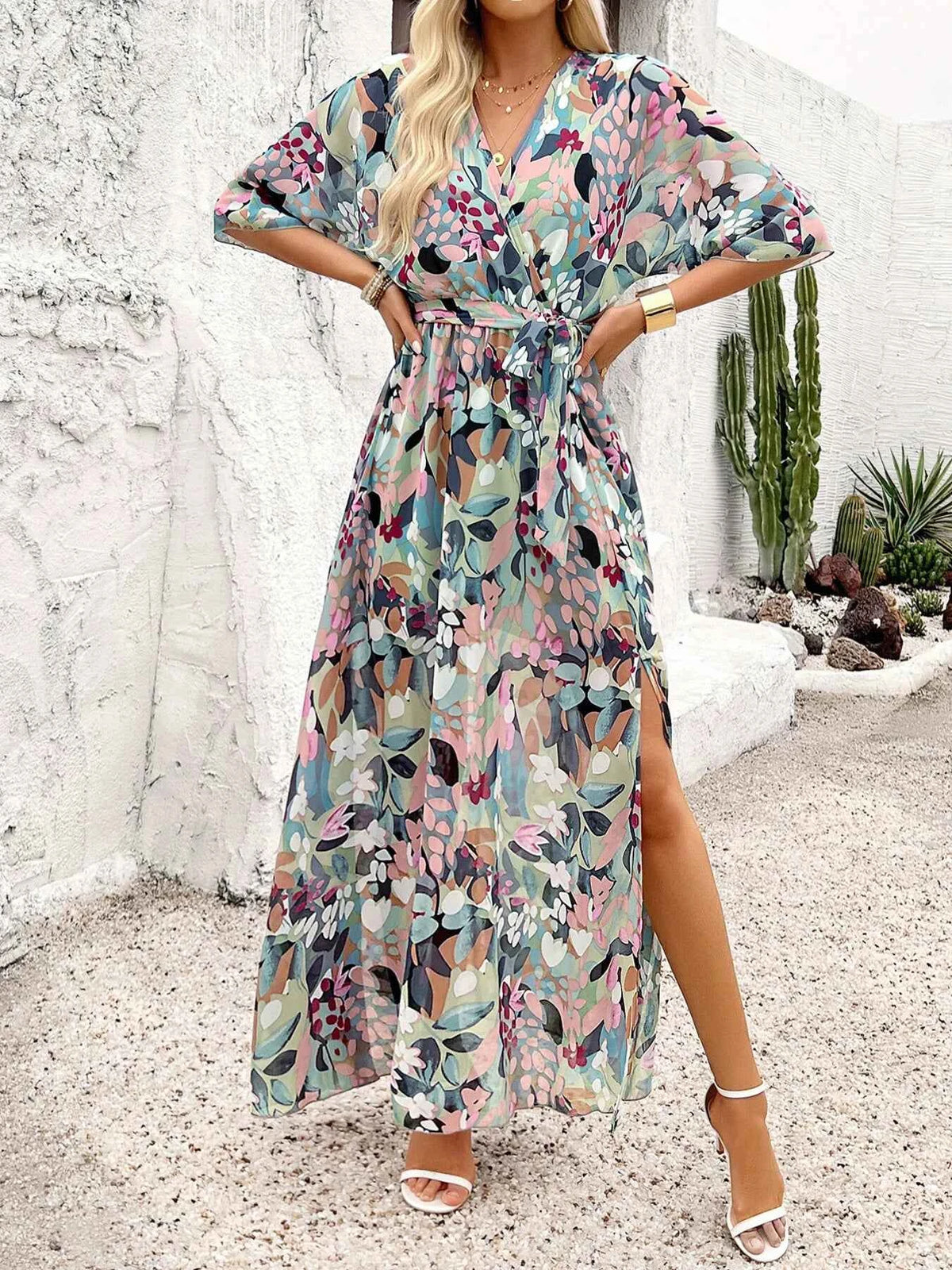 Slit Printed Surplice Half Sleeve Maxi Dress