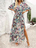 Slit Printed Surplice Half Sleeve Maxi Dress