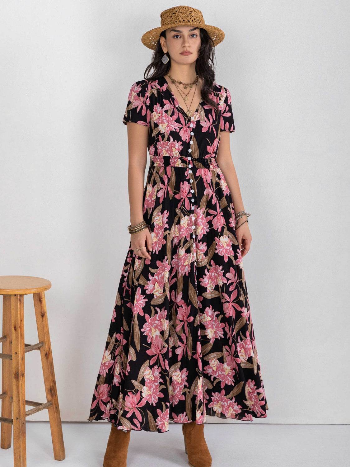 Floral V-Neck Slit Dress - Amexza