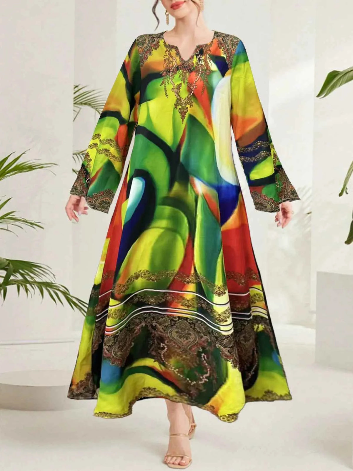 Multi-Color Abstract Print Notched Maxi Dress