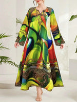 Multi-Color Abstract Print Notched Maxi Dress