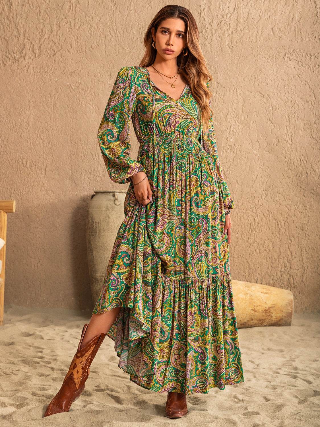Printed Tie Neck Long Sleeve Dress - Amexza