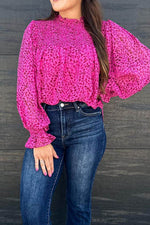 Ruched Leopard Mock Neck Long Sleeve Blouse - Amexza