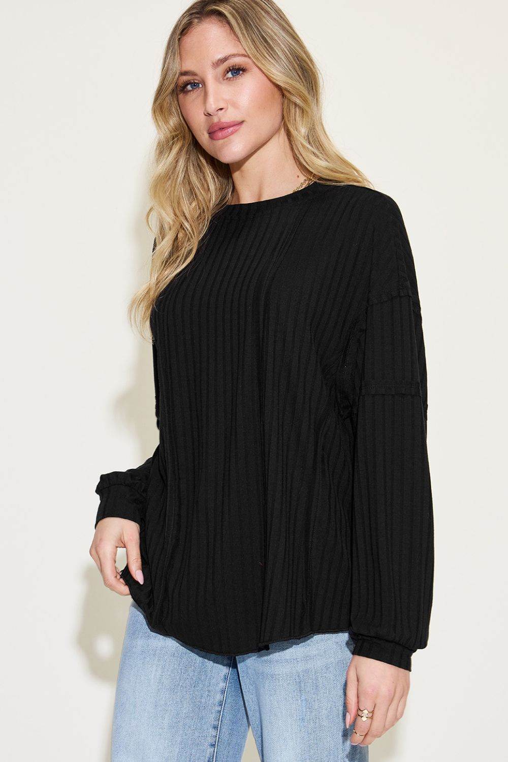 Basic Bae Full Size Ribbed Round Neck Long Sleeve T-Shirt for a perfect OOTD – dress to impress outfits from Amexza