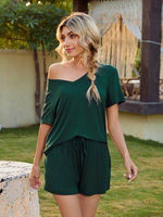 V-Neck Short Sleeve Top and Pocketed Shorts Lounge Set for a perfect OOTD – dress to impress outfits from Amexza