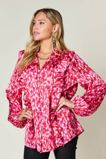 Double Take Full Size Printed Ruffle Trim Balloon Sleeve Shirt - Amexza