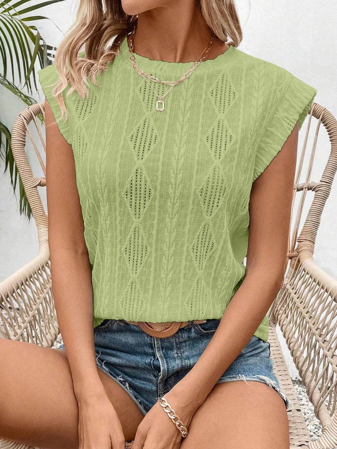 Openwork Round Neck Cap Sleeve Top - Amexza