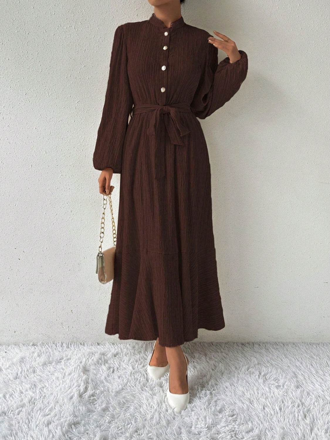 Half Button Tie Waist Long Sleeve Maxi Dress - Amexza