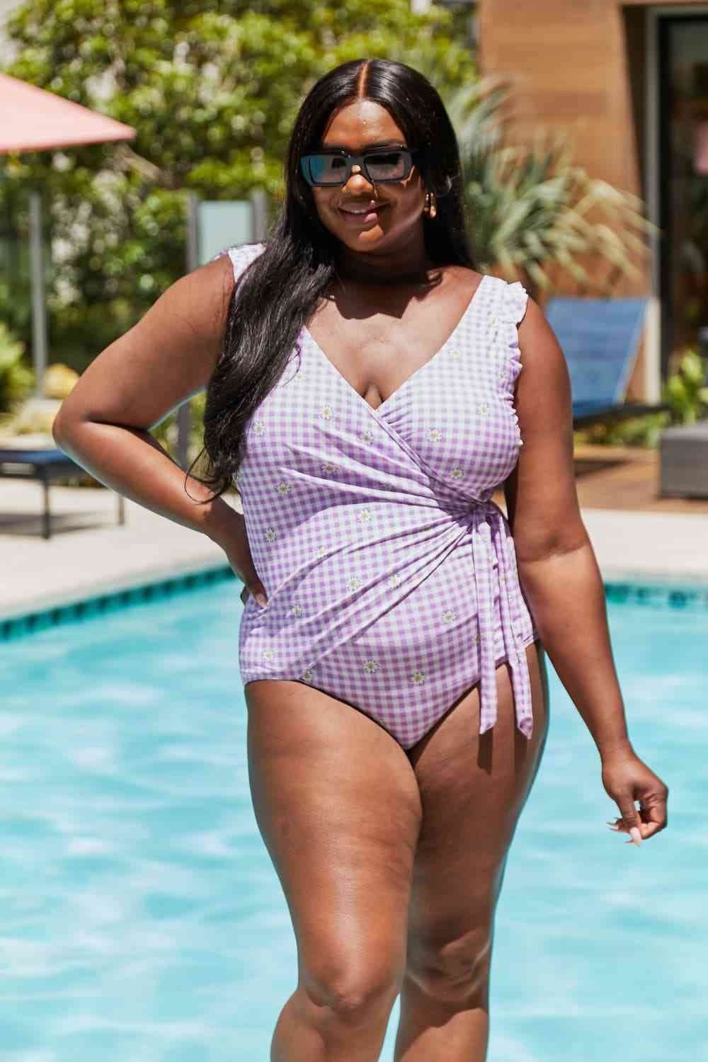 Marina West Swim Full Size Float On Ruffle Faux Wrap One-Piece in Carnation Pink for a perfect OOTD – dress to impress outfits from Amexza