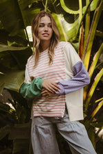 BiBi Exposed Seam Slit Striped Round Neck T-Shirt for a perfect OOTD – dress to impress outfits from Amexza