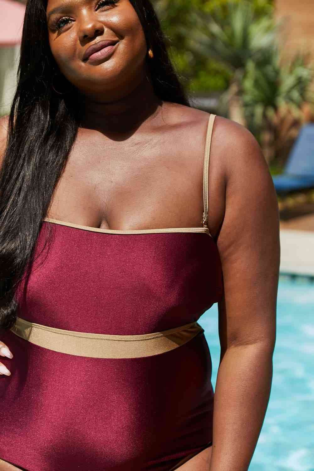 Marina West Swim Wave Break Contrast Trim One-Piece in Wine for a perfect OOTD – dress to impress outfits from Amexza