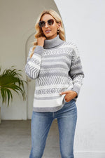 Geometric Turtleneck Long Sleeve Sweater Light Gray for a perfect OOTD – dress to impress outfits from Amexza