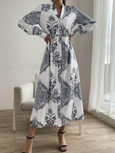 Printed Notched Lantern Sleeve Midi Dress for a perfect OOTD – dress to impress outfits from Amexza