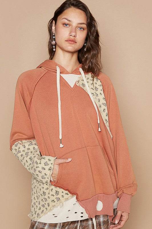 POL Floral Patchwork Distressed Drawstring Hoodie Ochre for a perfect OOTD – dress to impress outfits from Amexza