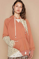 POL Floral Patchwork Distressed Drawstring Hoodie Ochre for a perfect OOTD – dress to impress outfits from Amexza