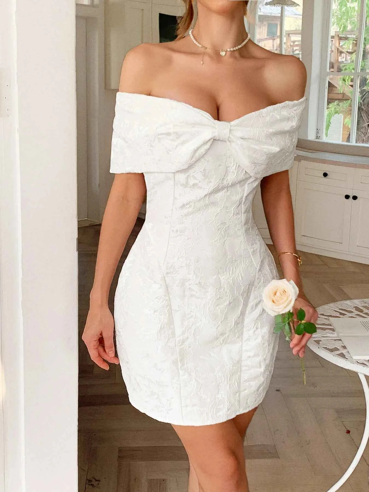 Bow Off-Shoulder Textured Mini Dress