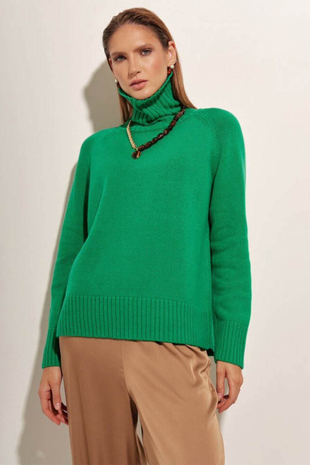 Turtle Neck Raglan Sleeve Sweater Mid Green for a perfect OOTD – dress to impress outfits from Amexza