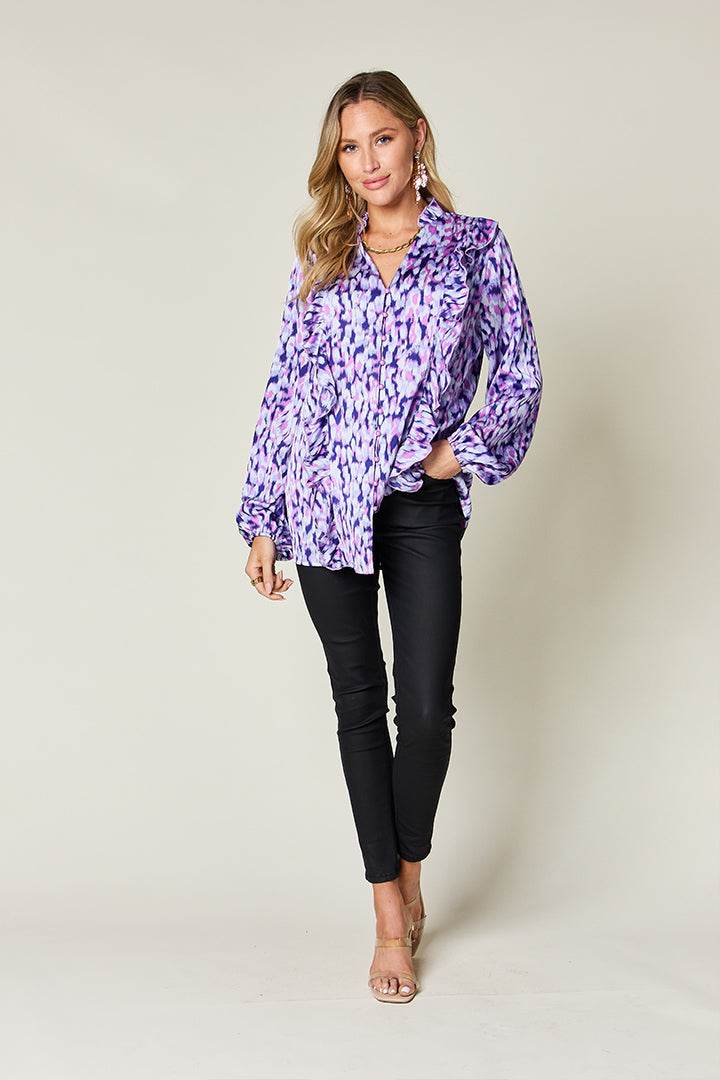 Double Take Full Size Printed Ruffle Trim Balloon Sleeve Shirt - Amexza