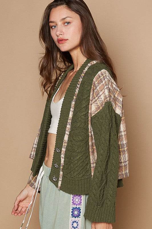 POL Cable-Knit Plaid V-Neck Button Up Cardigan - Amexza
