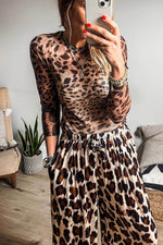 Leopard Round Neck Long Sleeve Blouse - Amexza