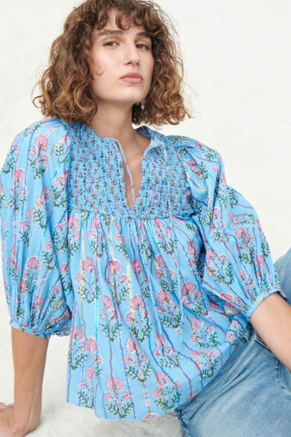 Smocked Floral Print Tie Neck Blouse - Amexza
