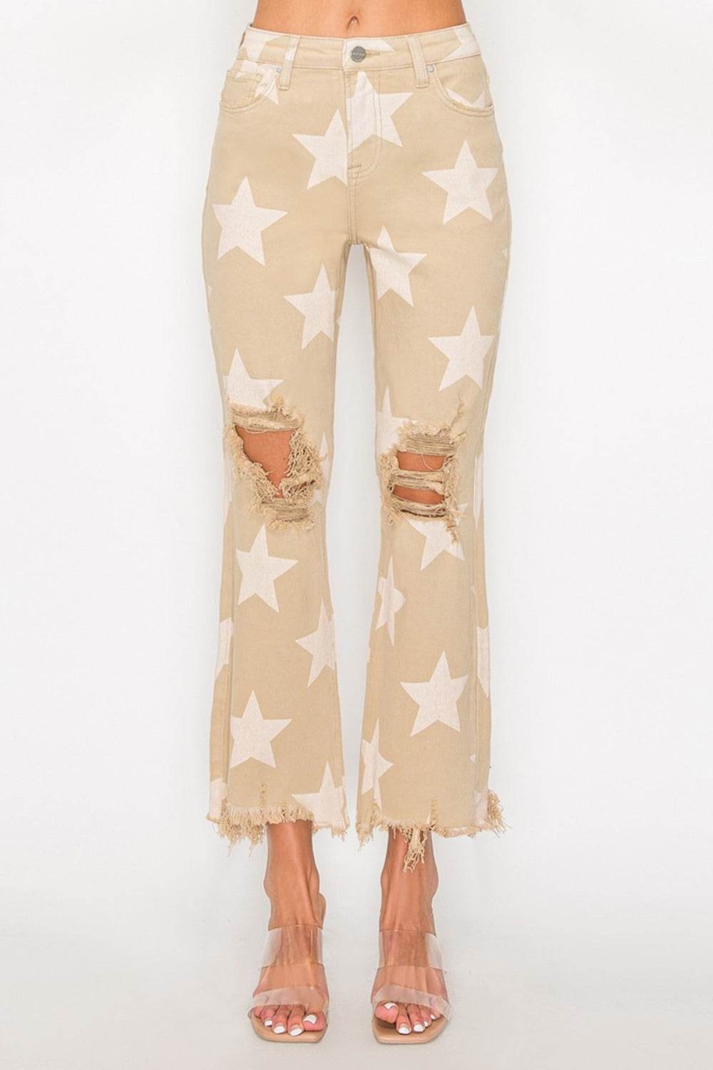 RISEN Full Size High Rise Star Printed Frayed Hem Jeans - Amexza