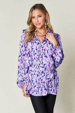 Double Take Full Size Printed Ruffle Trim Balloon Sleeve Shirt - Amexza