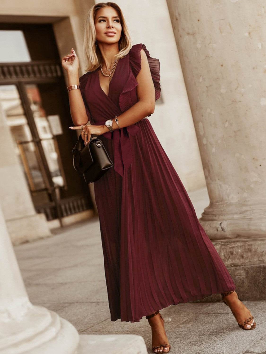 Tied Surplice Cap Sleeve Pleated Dress - Amexza