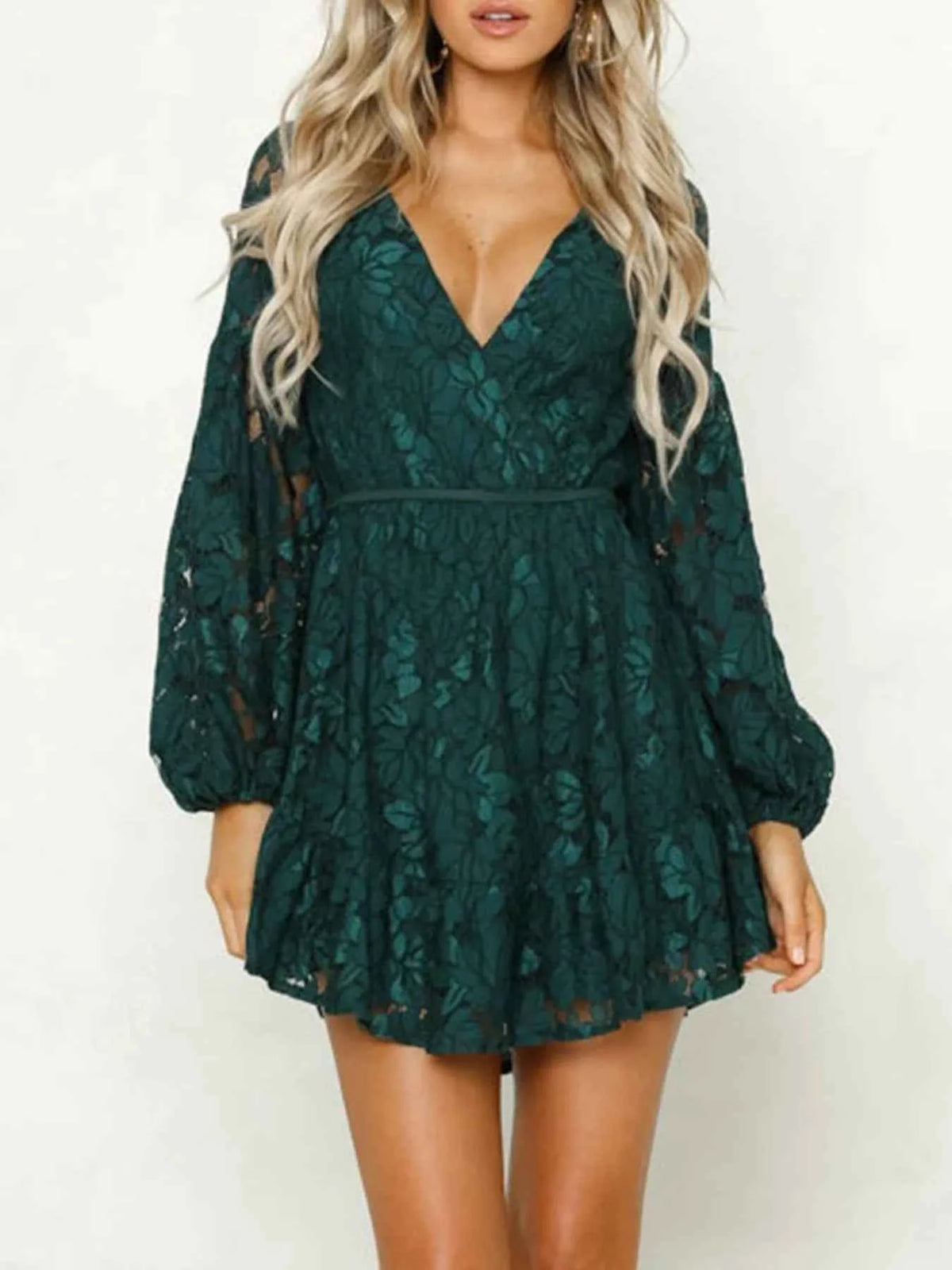 Lace V-Neck Long Sleeve Mini Dress