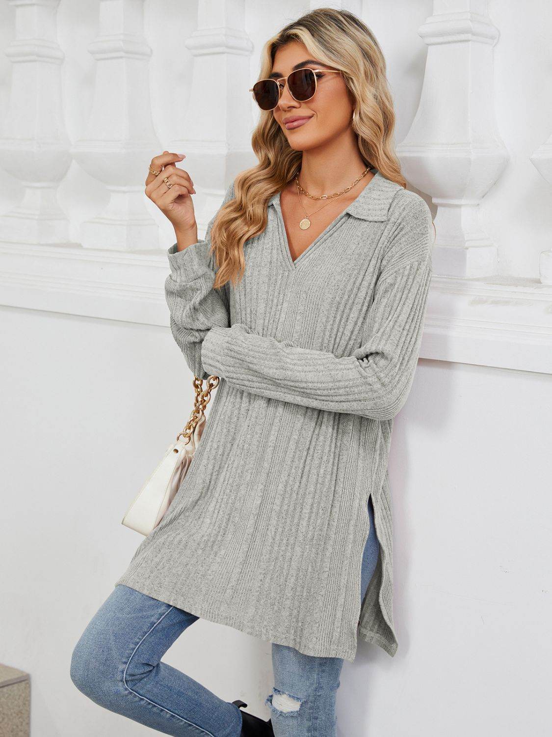 Slit Johnny Collar Long Sleeve T-Shirt - Amexza