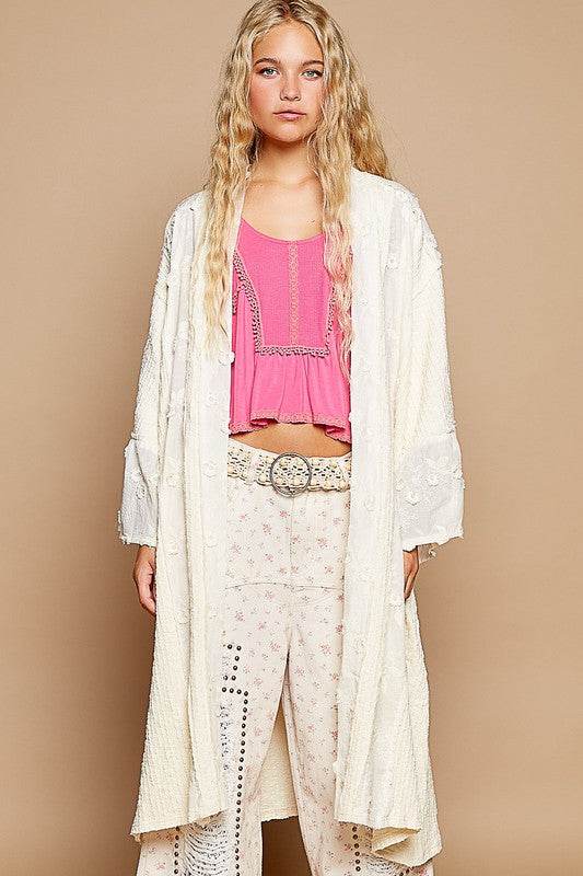 POL Flower Lace Trim Open Front Longline Cardigan - Amexza