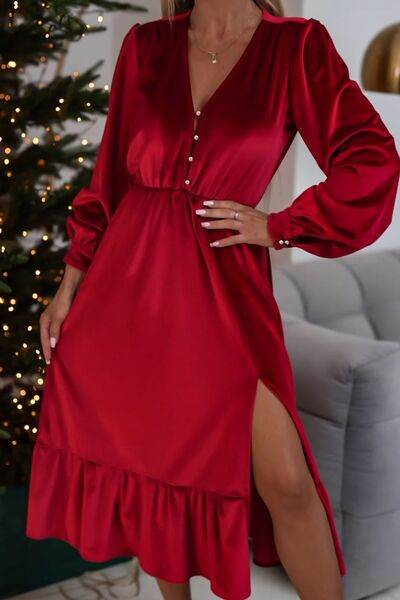 Ruffle Hem Slit V-Neck Long Sleeve Dress Deep Red for a perfect OOTD – dress to impress outfits from Amexza