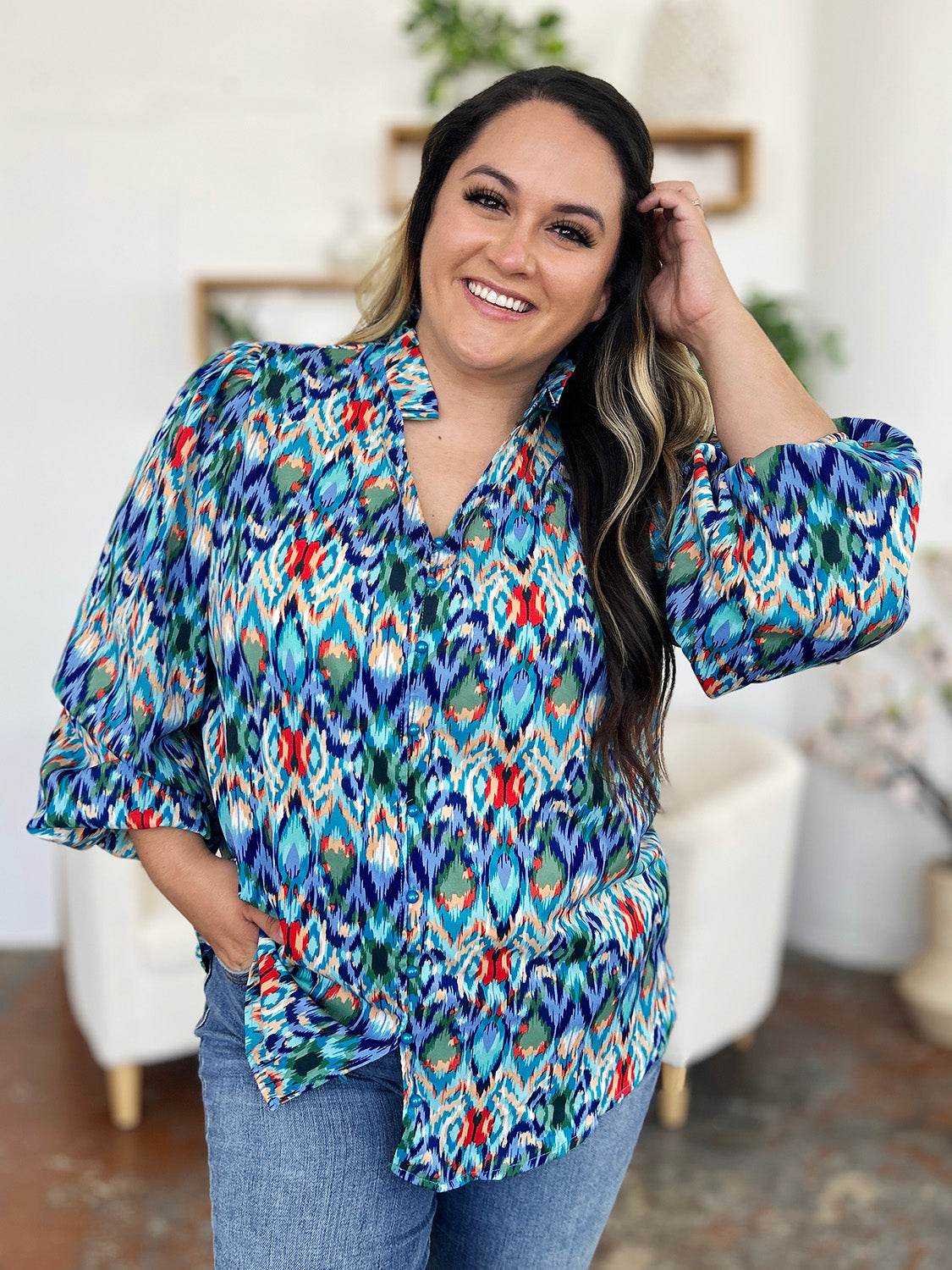 Double Take Full Size Printed Balloon Sleeve Blouse - Amexza