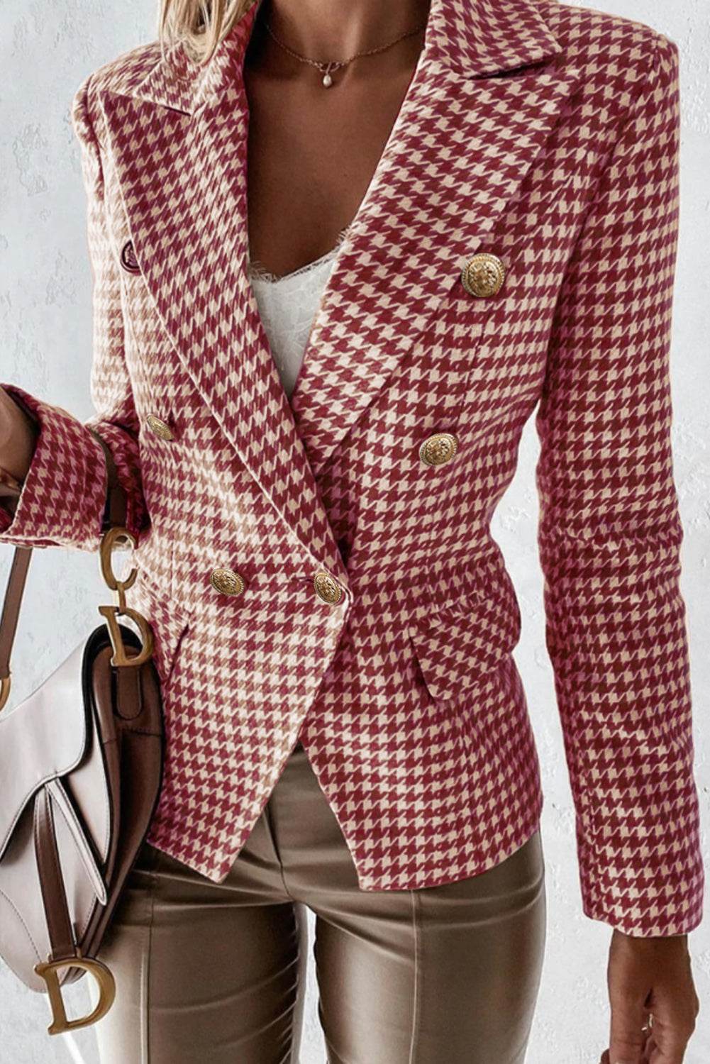 Houndstooth Collared Neck Double-Breasted Blazer - Amexza