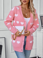 Heart V-Neck Button Up Long Sleeve Cardigan - Amexza