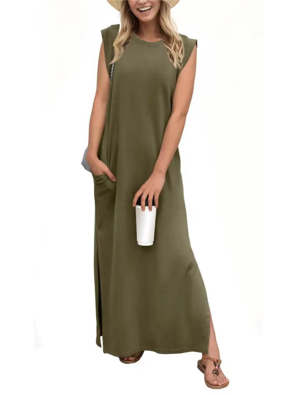 Full Size Slit Round Neck Sleeveless Maxi Tank Dress Plus Size for a perfect OOTD – dress to impress outfits from Amexza