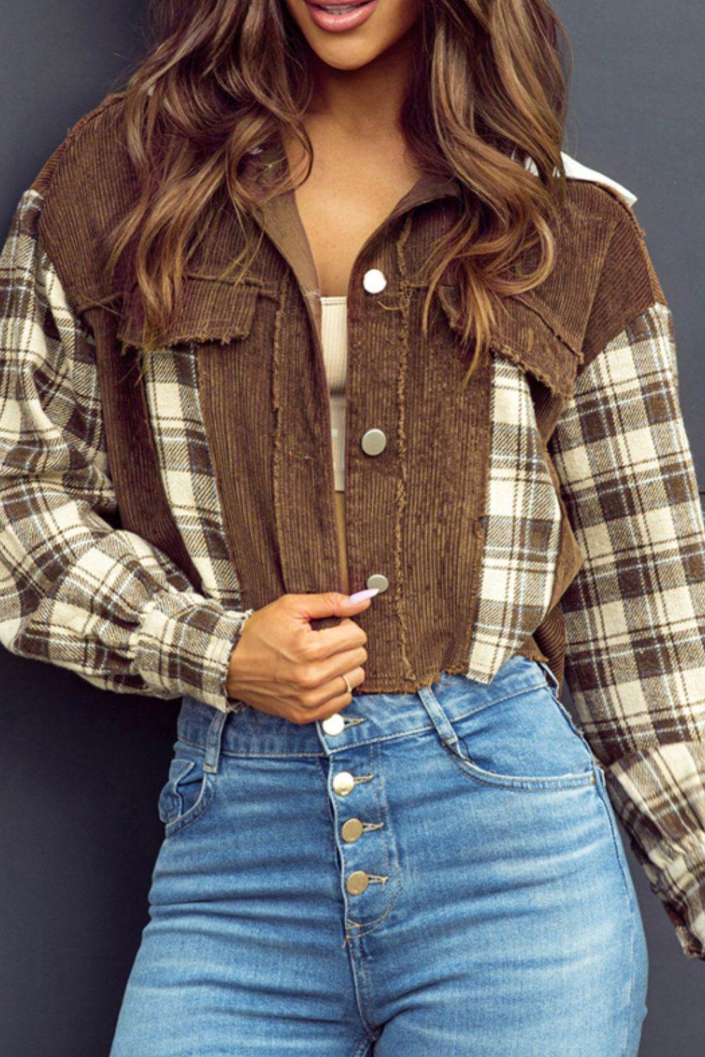 Raw Hem Plaid Cropped Hooded Jacket - Amexza