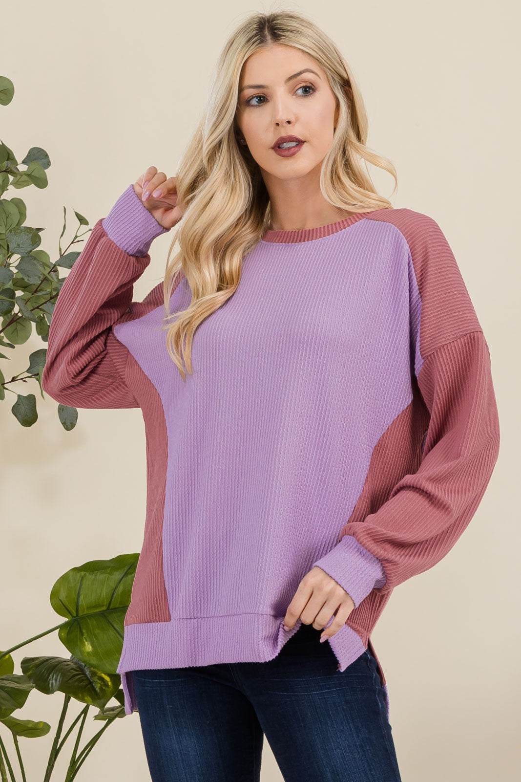 Celeste Full Size High-Low Contrast Round Neck Sweatshirt Lavender for a perfect OOTD – dress to impress outfits from Amexza